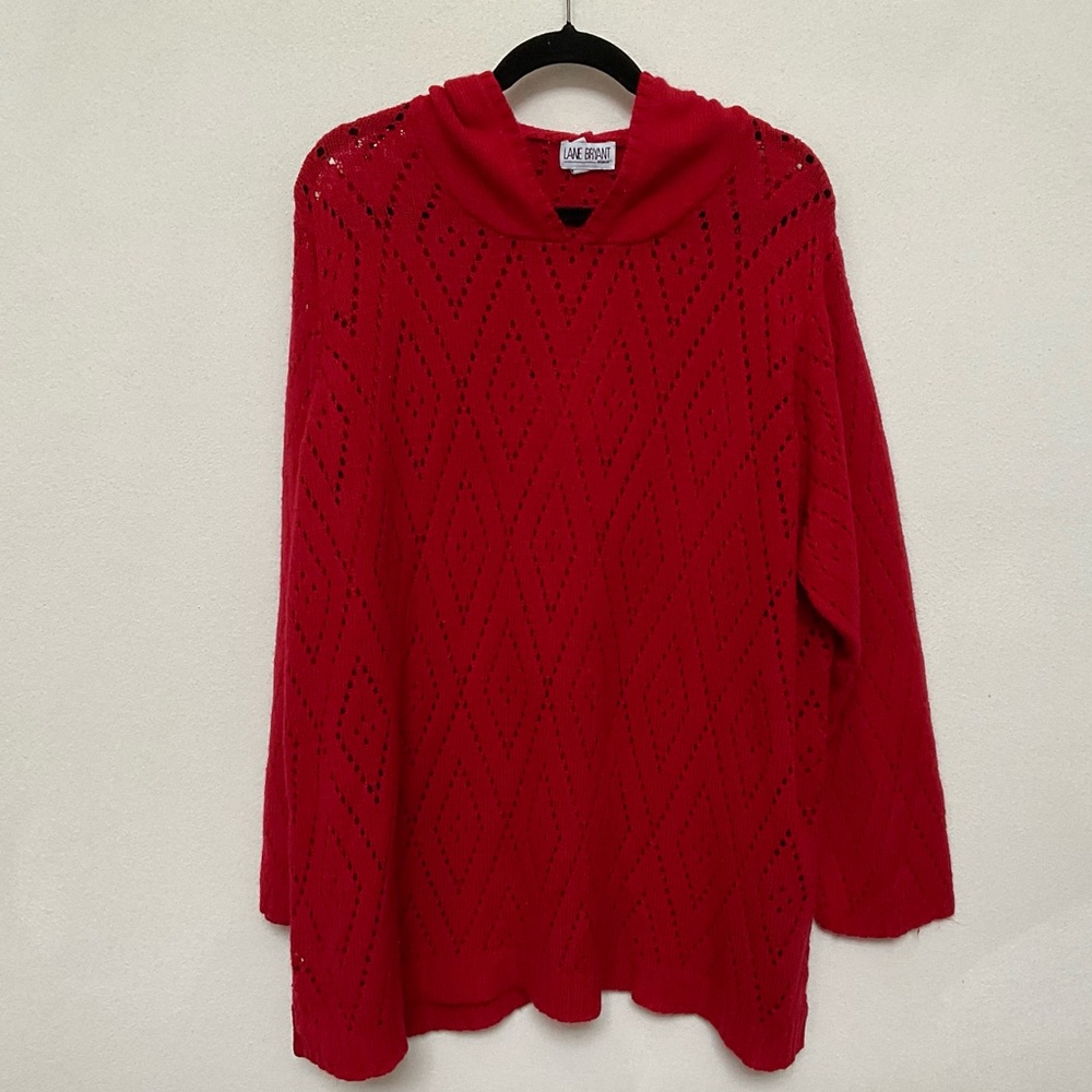 Lane Bryant Red Open Knit Hooded Long Sleeve Sweater Size 2X Winter Festive